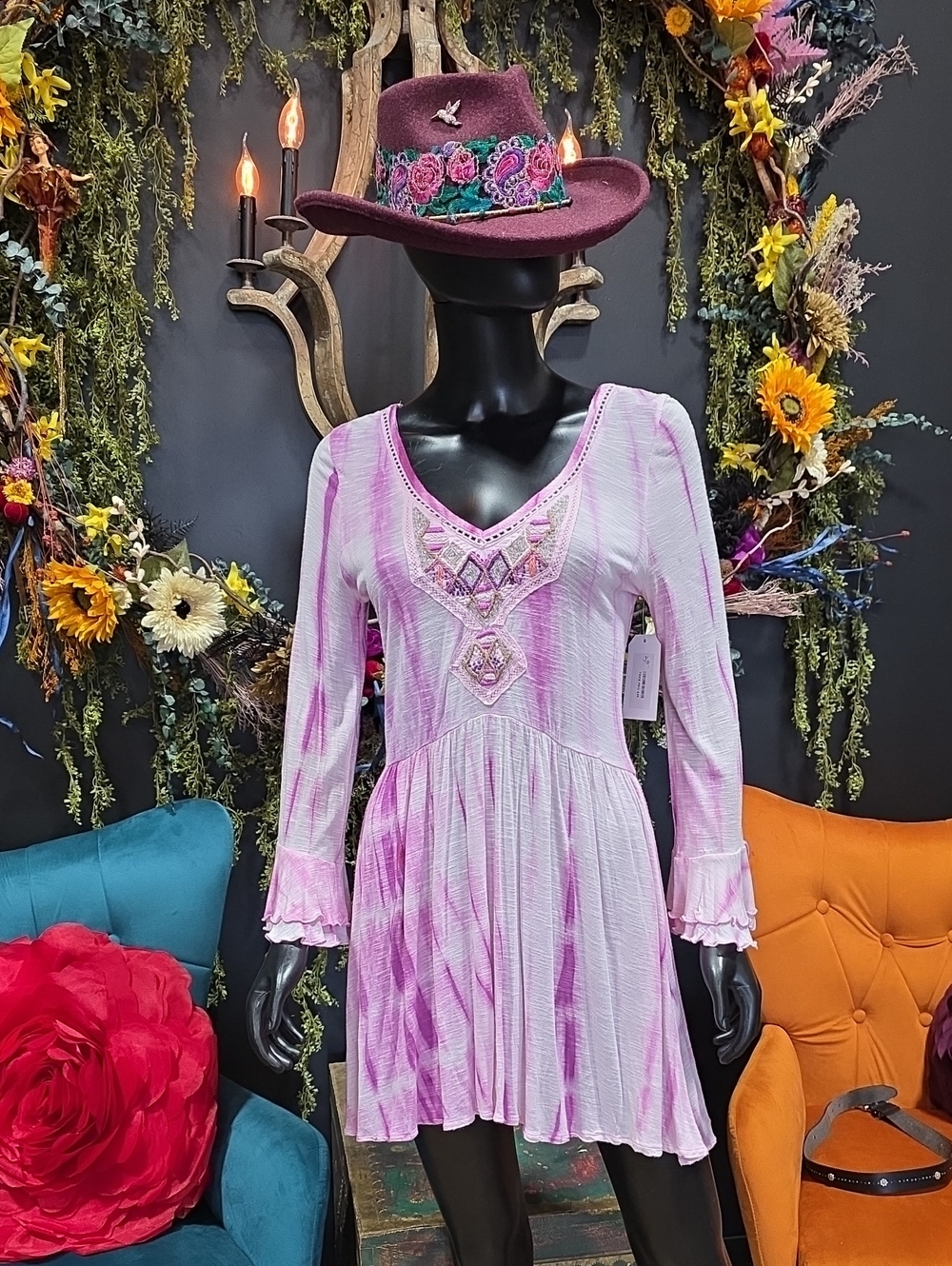 Free People Pink Tie-Dye Embroidered V-Neck Mini Dress